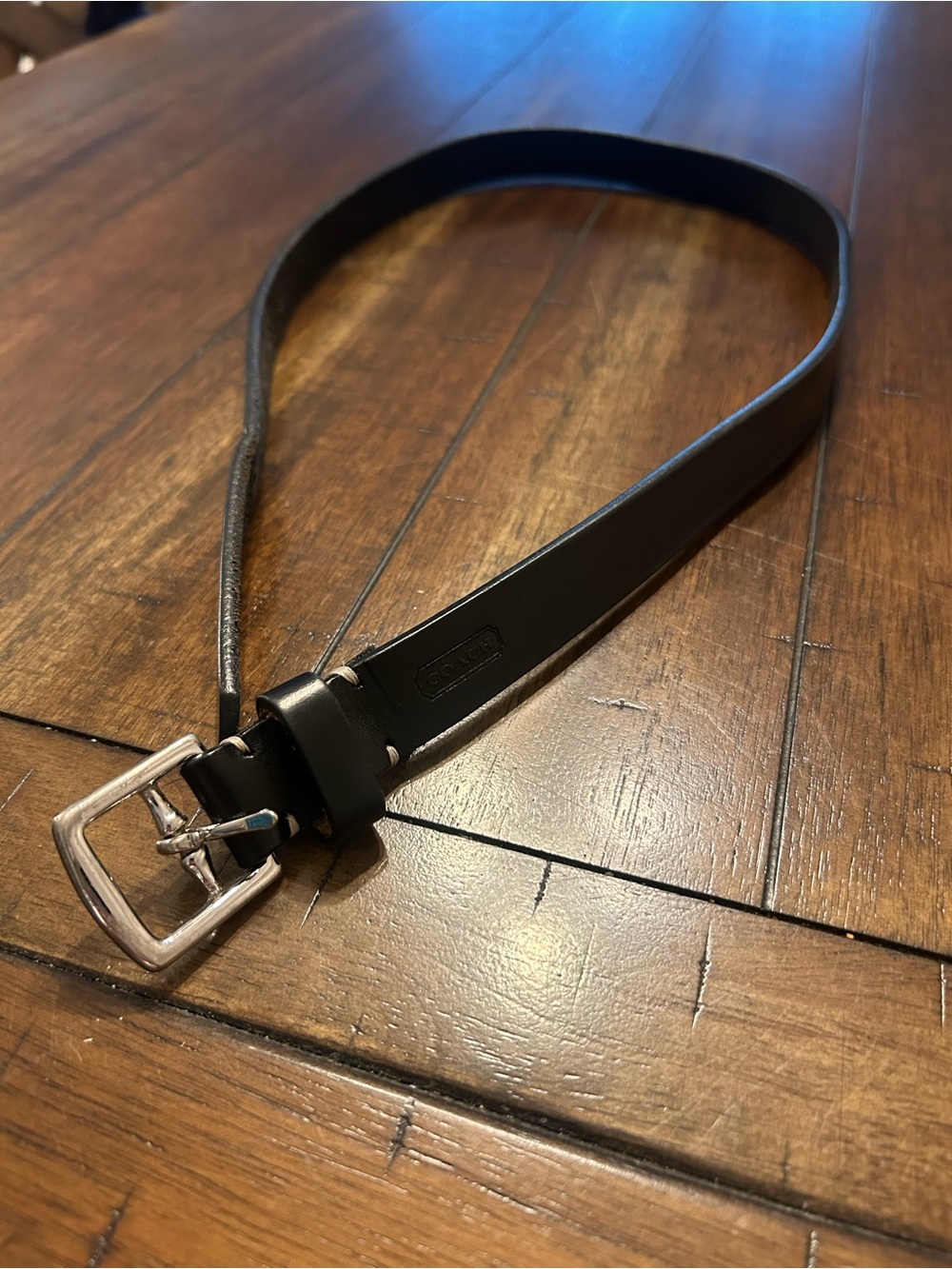 Women’s Coach Black Genuine Leather Belt Horsebit Buckle Silver Tone Approx. 35”